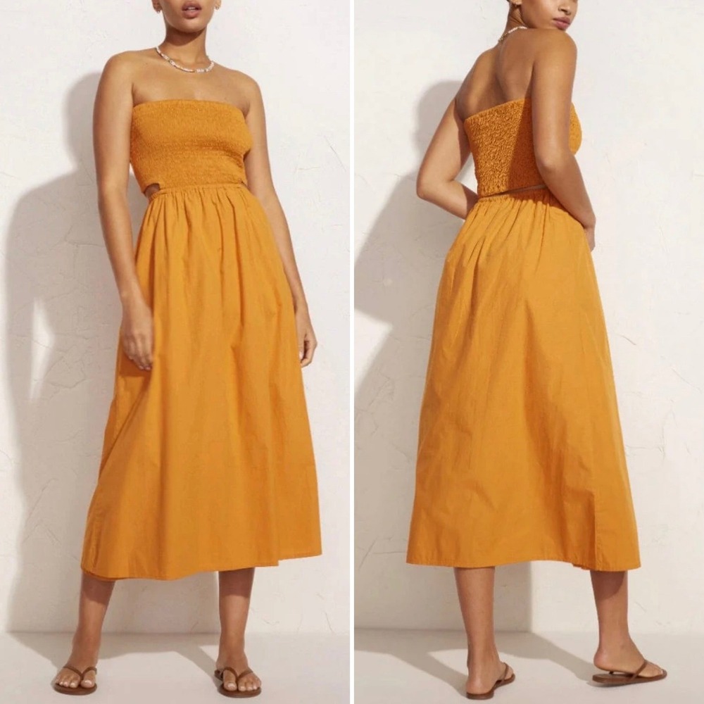 NWT Faithfull The Brand Deva Midi Dress Plain Orange Smocked Cut Out Large